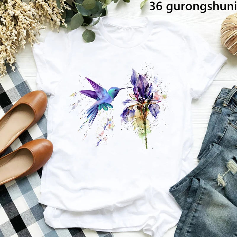 Hummingbird Floral Watercolor Purple Bird T Shirt