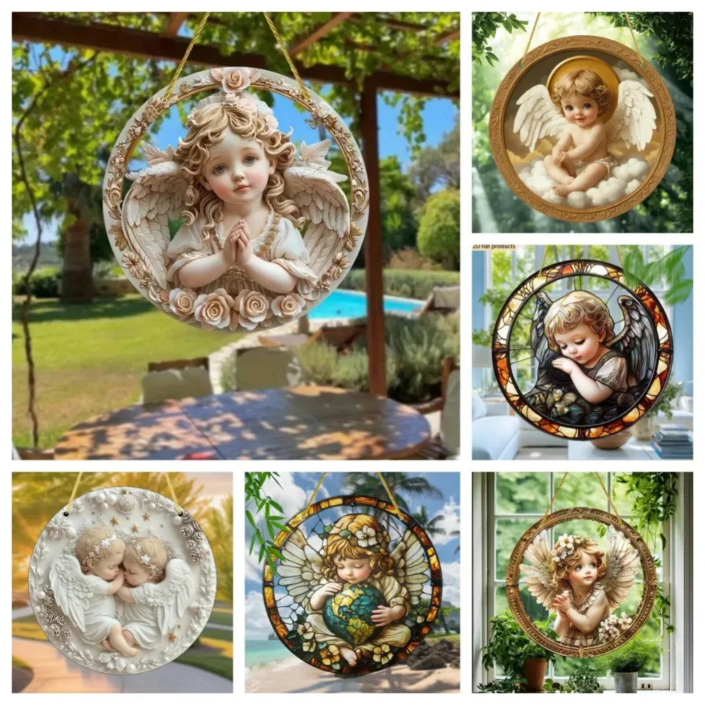 Cute Little Angel Sun Catcher, 2D Circular Acrylic Art Window Hanging, Suitable for Home, Porch, Room, Holiday Decoration, Gifts