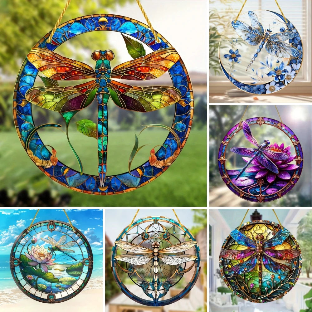Dragonfly Suncatcher - Round Acrylic Wall Art, Stained -Style Window Hanging, Perfect For Bedroom & Living Room Decor