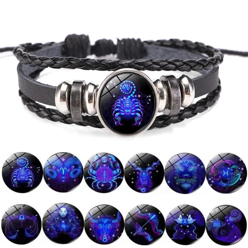 12 Constellation Zodiac Sign Luminous Vintage Leather Bracelet