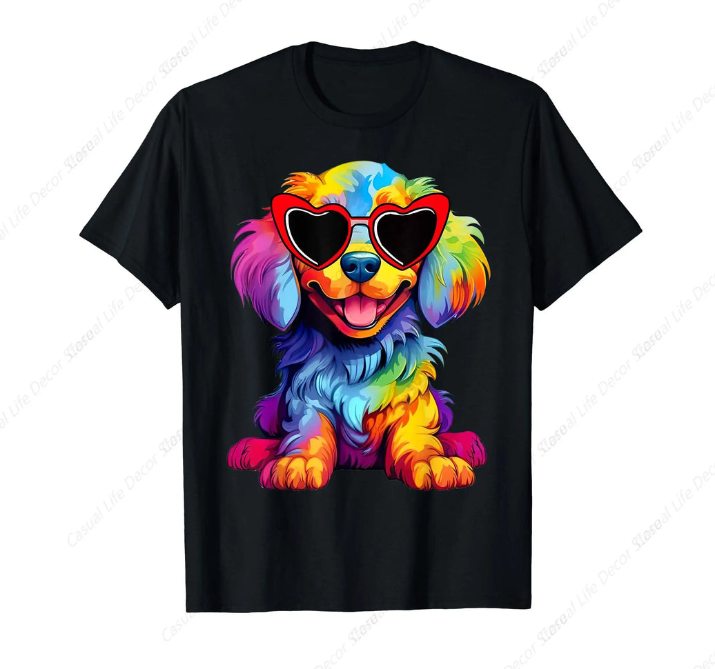 Rainbow Cute Dog Wearing Glasses Heart Puppy Love Dog Tshirt