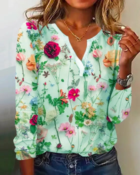 2024 Summer Flower Printed Long Sleeved T-shirt Women Loose Elegant Tops V-neck Office Lady Vacation Beach Casual Sweet Blouse