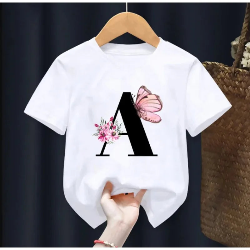 Summer Beautiful Letters Pink Flowers and Butterflies Printed Kids T Shirt Girls Tops Casual Baby Girl T-Shirt Fashion Short