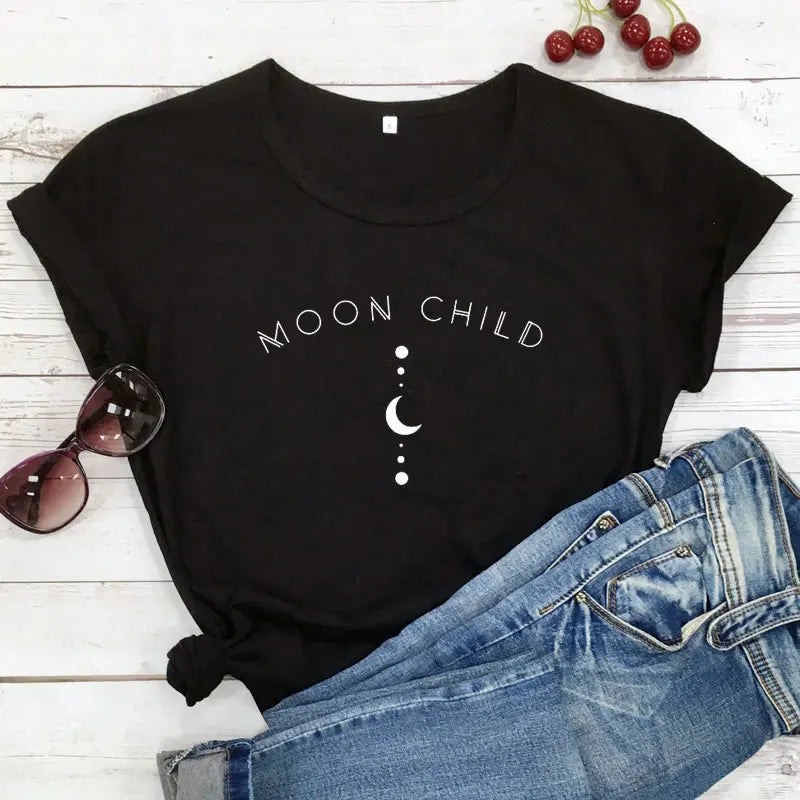 Moon Child Women T-shirt Spiritual Girl Gothic Black Tshirt