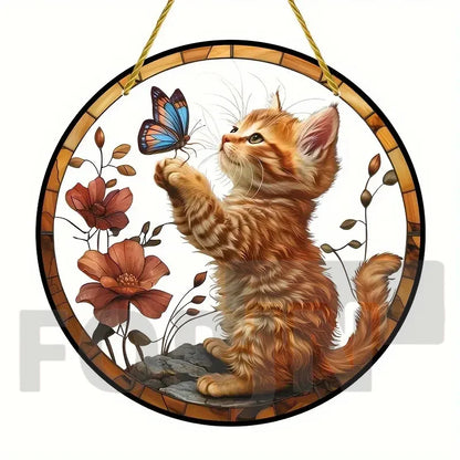 Lively and Lovely Pet Cat Stained Suncatcher-Round Acrylic Translucent Hanging-Porch,door,Home,Garden,yard Room Decor-Ideal Gift