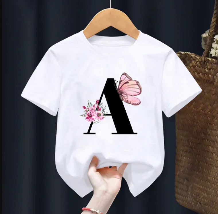 Summer Beautiful Letters Pink Flowers and Butterflies Printed Kids T Shirt Girls Tops Casual Baby Girl T-Shirt  Fashion Short