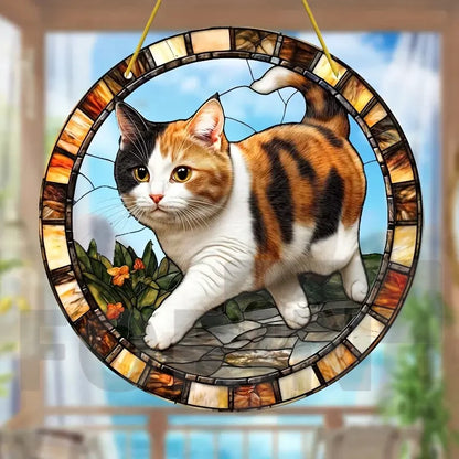 Lively and Lovely Pet Cat Stained Suncatcher-Round Acrylic Translucent Hanging-Porch,door,Home,Garden,yard Room Decor-Ideal Gift