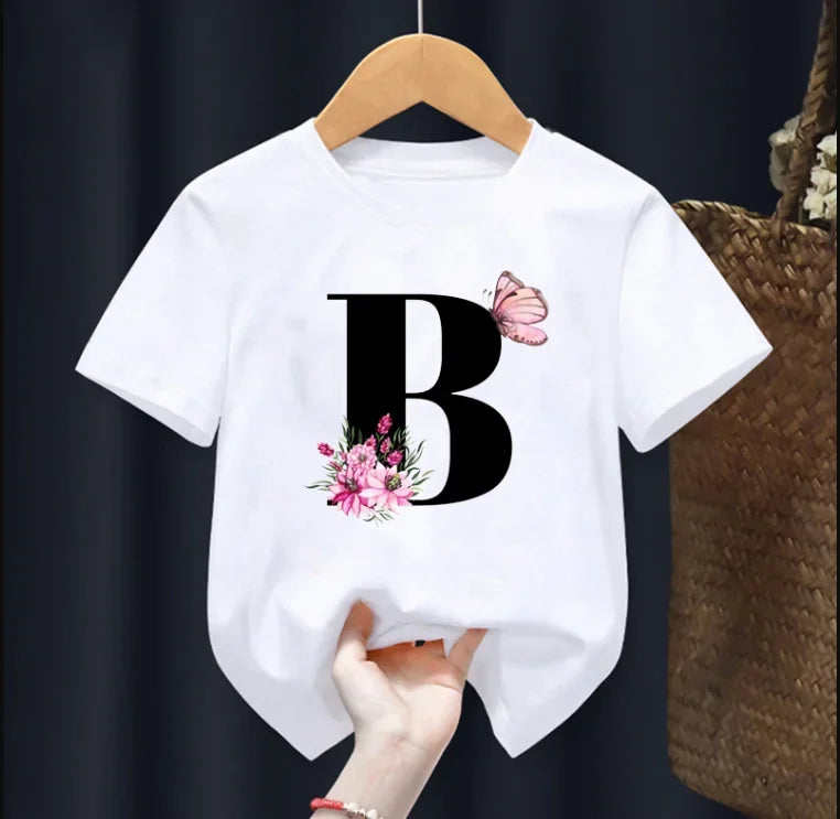 Summer Beautiful Letters Pink Flowers and Butterflies Printed Kids T Shirt Girls Tops Casual Baby Girl T-Shirt  Fashion Short