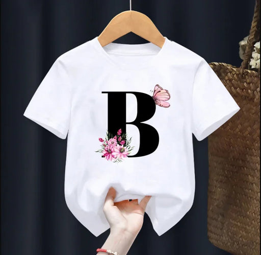 Summer Beautiful Letters Pink Flowers and Butterflies Printed Kids T Shirt Girls Tops Casual Baby Girl T-Shirt  Fashion Short
