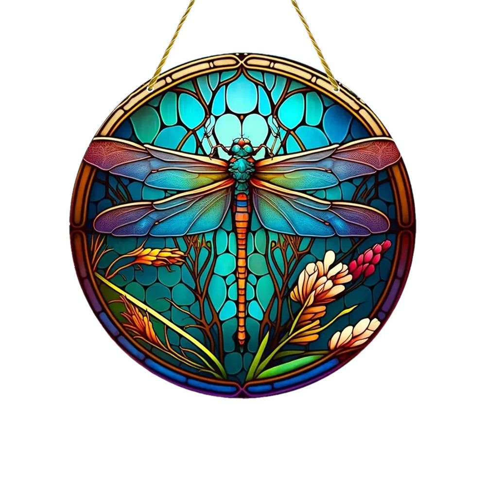 Dragonfly Suncatcher - Round Acrylic Wall Art, Stained -Style Window Hanging, Perfect For Bedroom & Living Room Decor