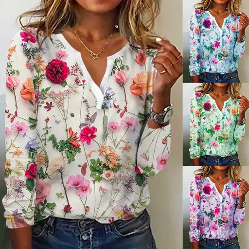 2024 Summer Flower Printed Long Sleeved T-shirt Women Loose Elegant Tops V-neck  Office Lady Vacation Beach Casual Sweet Blouse