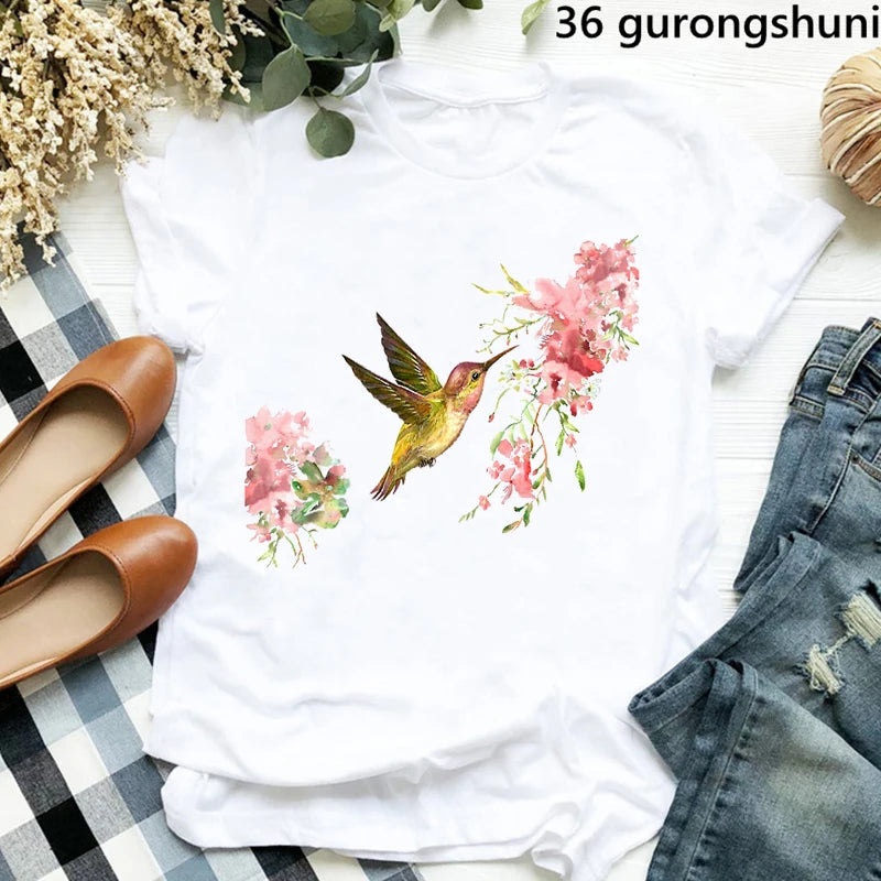 Hummingbird Floral Watercolor Purple Bird  T Shirt