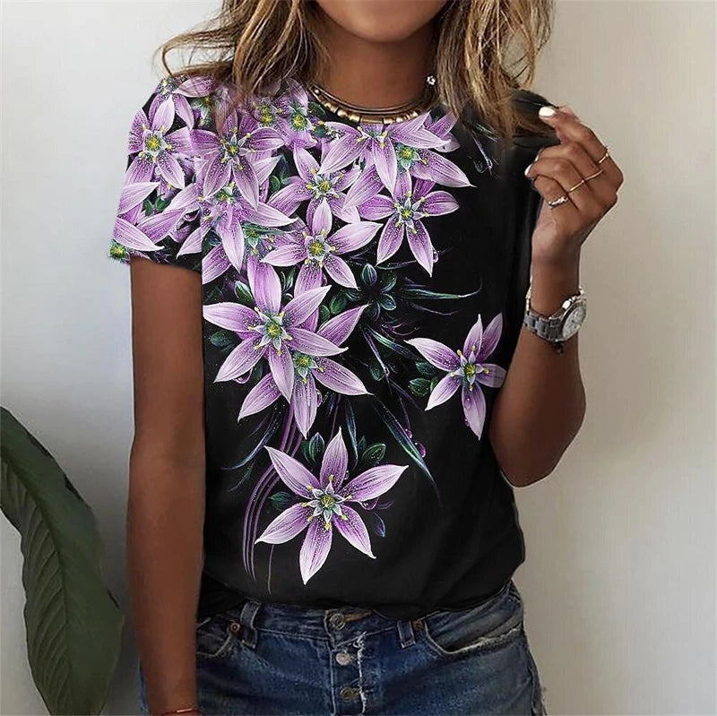 New T Shirt For Women's Clothes Fashion Tops For Woman 3D Flower Print Female Short Sleeve Summer Women's T-shirt Plus Size Tees