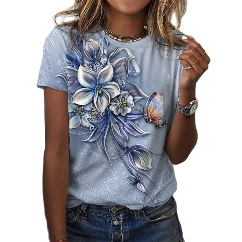 New T Shirt For Women's Clothes Fashion Tops For Woman 3D Flower Print Female Short Sleeve Summer Women's T-shirt Plus Size Tees