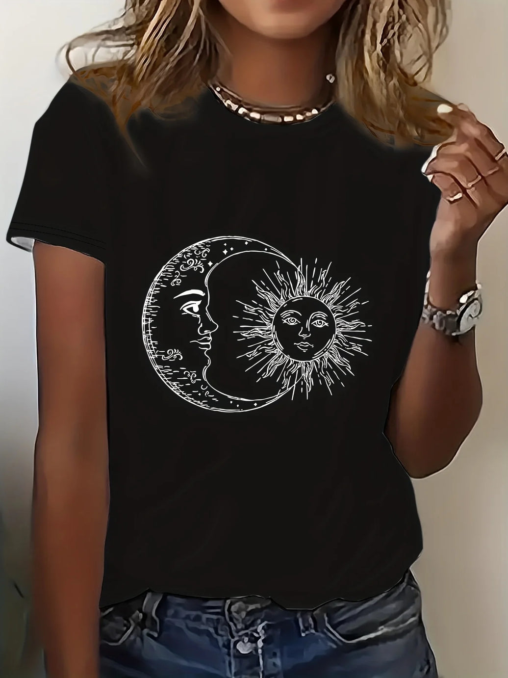 Sun and Moon Astrology T-Shirt Casual Short Sleeve