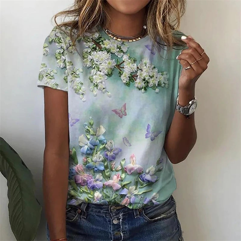 New T Shirt For Women's Clothes Fashion Tops For Woman 3D Flower Print Female Short Sleeve Summer Women's T-shirt Plus Size Tees