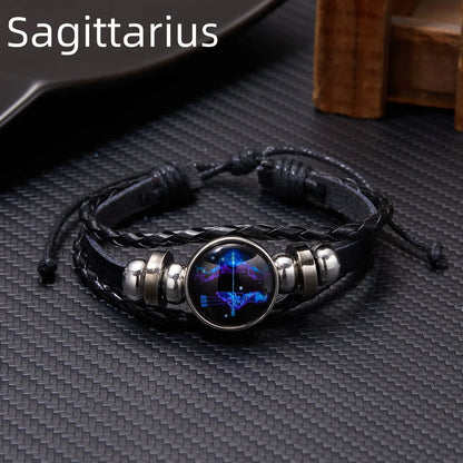 12 Constellation Zodiac Sign Luminous Vintage Leather Bracelet