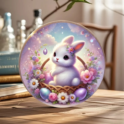 1 cute bunny easter wreath wooden sign-round wooden handmade decorations, rabbit accessories, perfect for room decoration.
