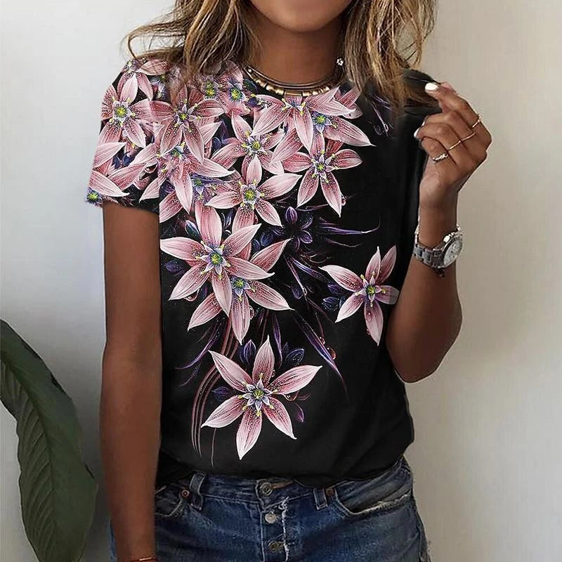 New T Shirt For Women's Clothes Fashion Tops For Woman 3D Flower Print Female Short Sleeve Summer Women's T-shirt Plus Size Tees