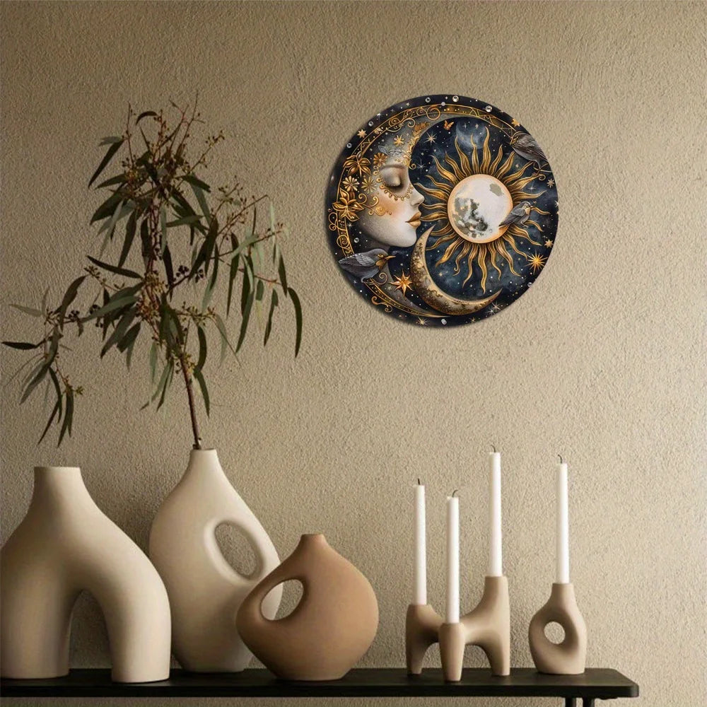 Sun And Moon Themed Sign, Round Metal Decor Sign For Home, Cafe, Restaurant, Living Room Wall Decoration, Mother's Day Gift