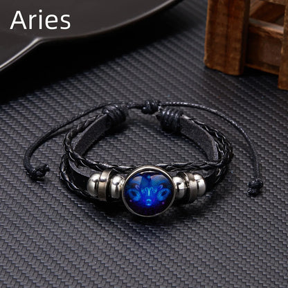 12 Constellation Zodiac Sign Luminous Vintage Leather Bracelet