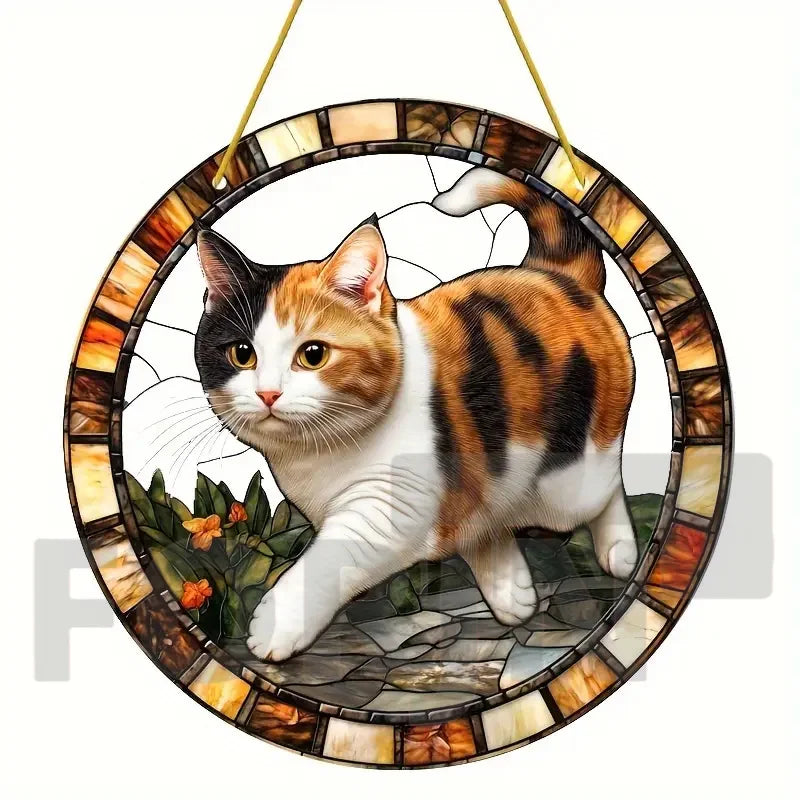 Lively and Lovely Pet Cat Stained Suncatcher-Round Acrylic Translucent Hanging-Porch,door,Home,Garden,yard Room Decor-Ideal Gift