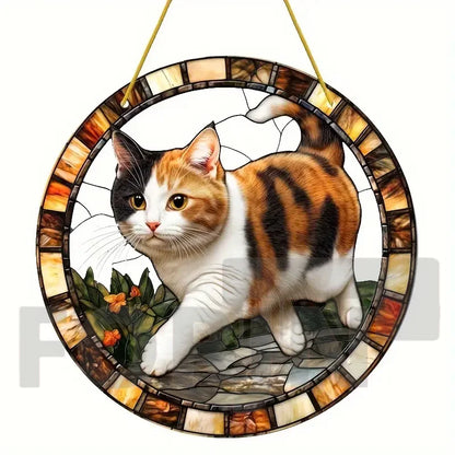 Lively and Lovely Pet Cat Stained Suncatcher-Round Acrylic Translucent Hanging-Porch,door,Home,Garden,yard Room Decor-Ideal Gift