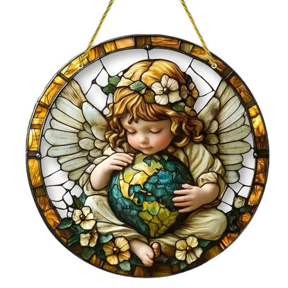 Cute Little Angel Sun Catcher, 2D Circular Acrylic Art Window Hanging, Suitable for Home, Porch, Room, Holiday Decoration, Gifts