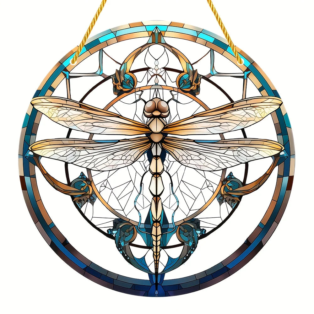 Dragonfly Suncatcher - Round Acrylic Wall Art, Stained -Style Window Hanging, Perfect For Bedroom & Living Room Decor