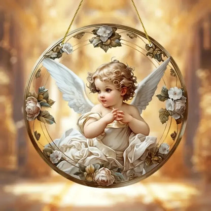 Cute Little Angel Sun Catcher, 2D Circular Acrylic Art Window Hanging, Suitable for Home, Porch, Room, Holiday Decoration, Gifts