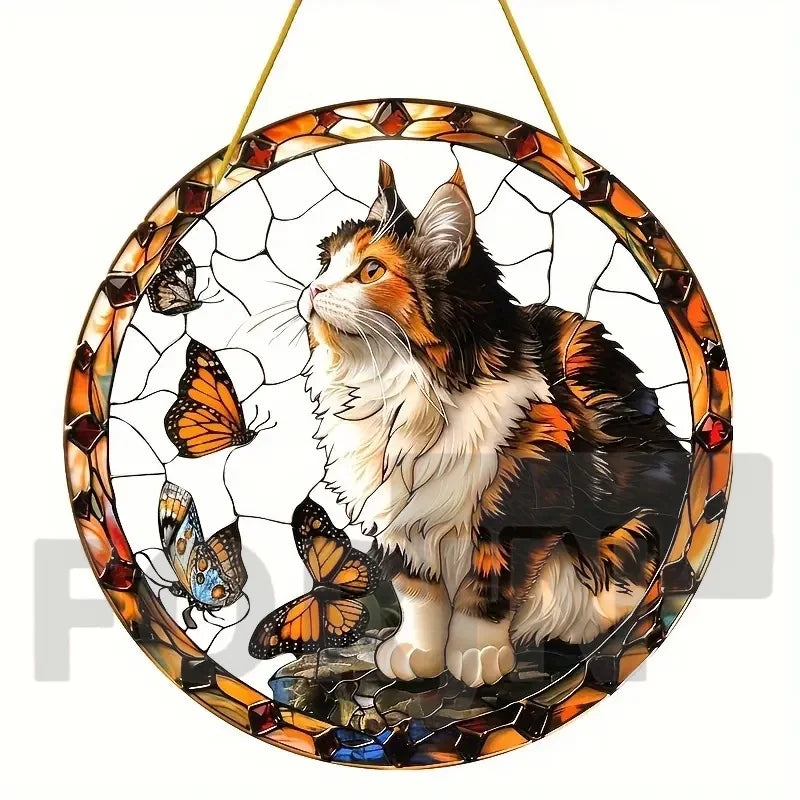 Lively and Lovely Pet Cat Stained Suncatcher-Round Acrylic Translucent Hanging-Porch,door,Home,Garden,yard Room Decor-Ideal Gift