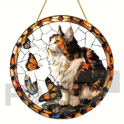 Lively and Lovely Pet Cat Stained Suncatcher-Round Acrylic Translucent Hanging-Porch,door,Home,Garden,yard Room Decor-Ideal Gift