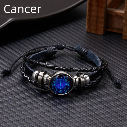 12 Constellation Zodiac Sign Luminous Vintage Leather Bracelet