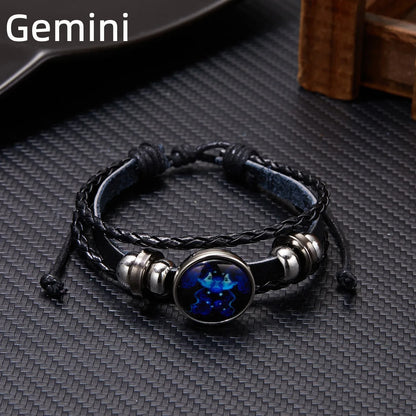 12 Constellation Zodiac Sign Luminous Vintage Leather Bracelet