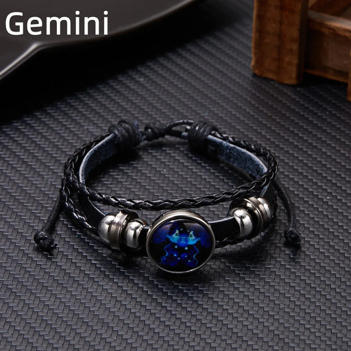 12 Constellation Zodiac Sign Luminous Vintage Leather Bracelet