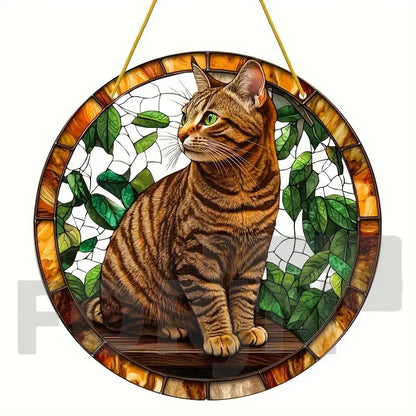 Lively and Lovely Pet Cat Stained Suncatcher-Round Acrylic Translucent Hanging-Porch,door,Home,Garden,yard Room Decor-Ideal Gift