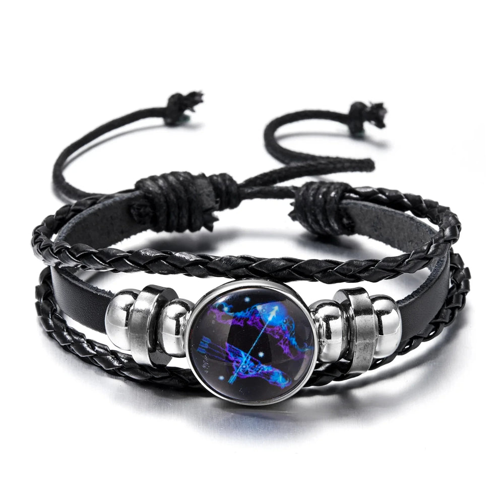 12 Constellation Zodiac Sign Luminous Vintage Leather Bracelet