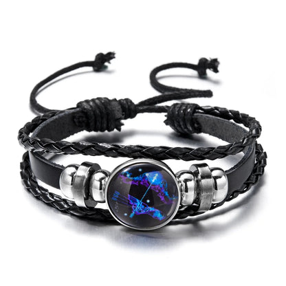 12 Constellation Zodiac Sign Luminous Vintage Leather Bracelet