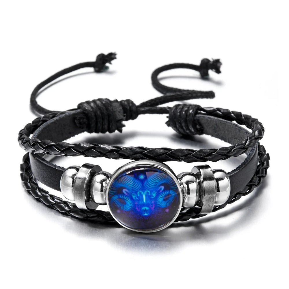 12 Constellation Zodiac Sign Luminous Vintage Leather Bracelet
