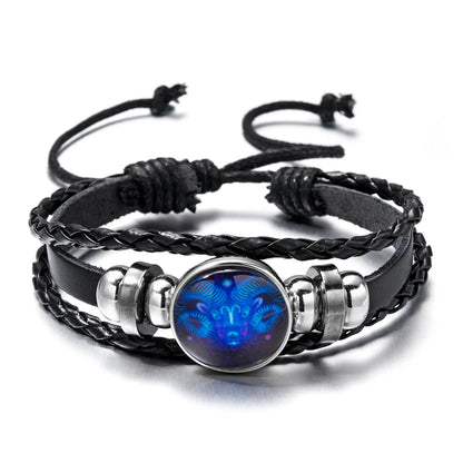 12 Constellation Zodiac Sign Luminous Vintage Leather Bracelet