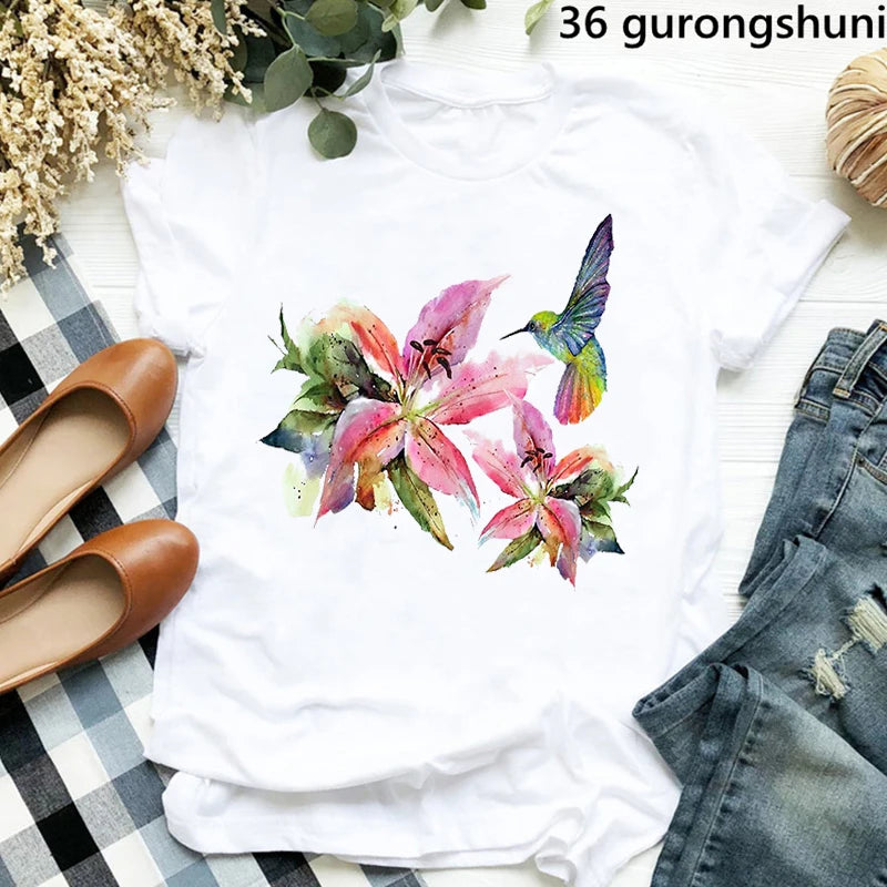 Hummingbird Floral Watercolor Purple Bird  T Shirt