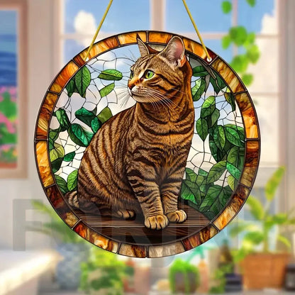 Lively and Lovely Pet Cat Stained Suncatcher-Round Acrylic Translucent Hanging-Porch,door,Home,Garden,yard Room Decor-Ideal Gift