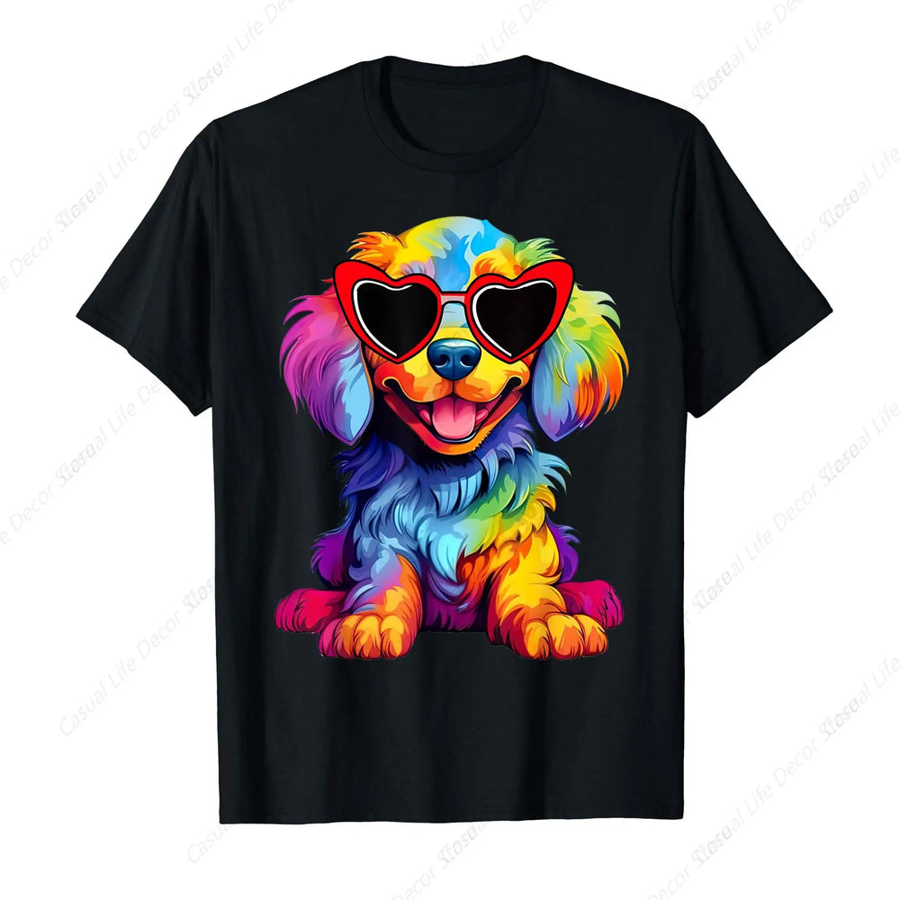 Rainbow Cute Dog Wearing Glasses Heart Puppy Love Dog Tshirt