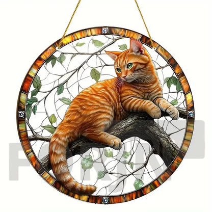 Lively and Lovely Pet Cat Stained Suncatcher-Round Acrylic Translucent Hanging-Porch,door,Home,Garden,yard Room Decor-Ideal Gift