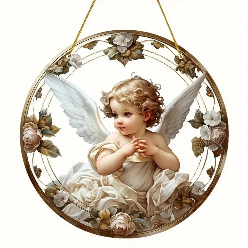 Cute Little Angel Sun Catcher, 2D Circular Acrylic Art Window Hanging, Suitable for Home, Porch, Room, Holiday Decoration, Gifts