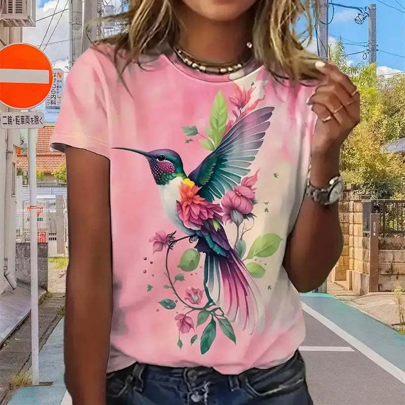 Summer Women's T Shirt bird Print Casual Short Sleeve 3d T-Shirt Fashion Streetwear Crew Neck Pullover Female Oversized Clothing