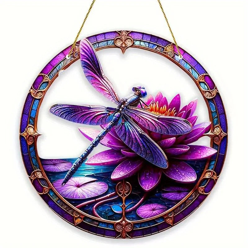 Dragonfly Suncatcher - Round Acrylic Wall Art, Stained -Style Window Hanging, Perfect For Bedroom & Living Room Decor