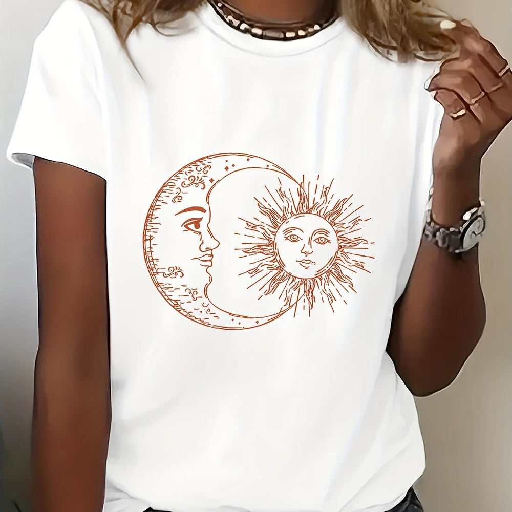 Sun and Moon Astrology T-Shirt Casual Short Sleeve
