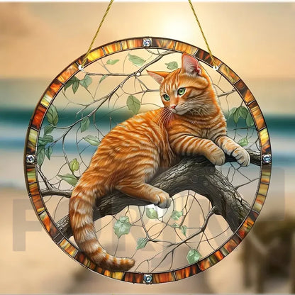 Lively and Lovely Pet Cat Stained Suncatcher-Round Acrylic Translucent Hanging-Porch,door,Home,Garden,yard Room Decor-Ideal Gift