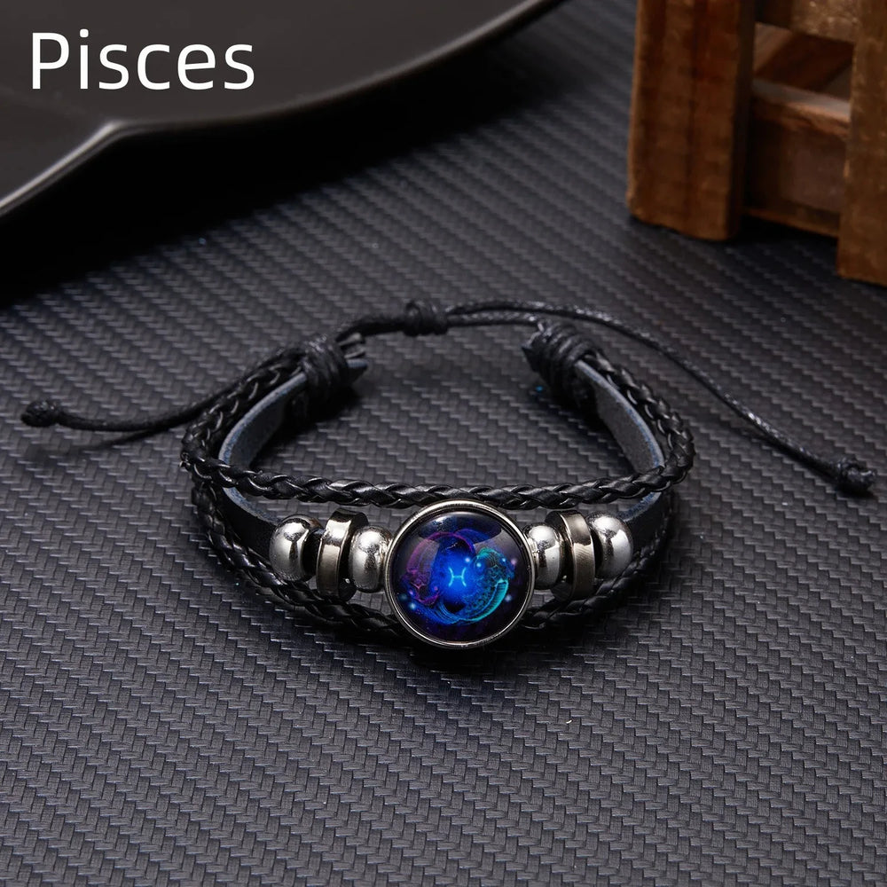 12 Constellation Zodiac Sign Luminous Vintage Leather Bracelet